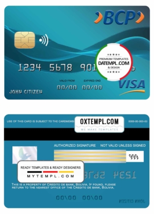 editable template, Bolivia Credito bank visa card template in PSD format, fully editable