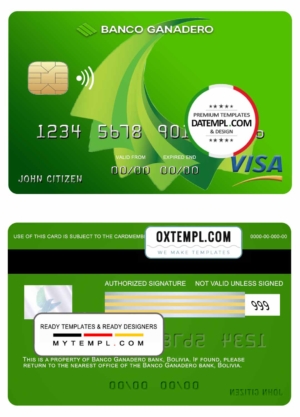 editable template, Bolivia Ganadero bank visa card template in PSD format, fully editable