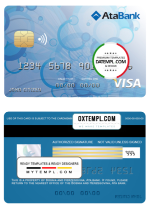 editable template, Bosnia and Herzegovina Ata bank visa card template in PSD format, fully editable