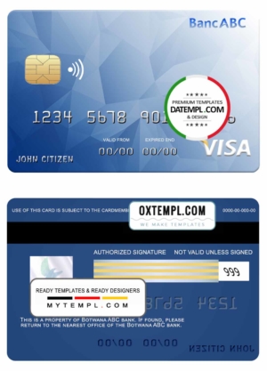 editable template, Bostwana ABC bank visa card template in PSD format, fully editable