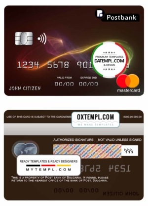 editable template, Bulgaria Post Bank mastercard credit card template in PSD format, fully editable