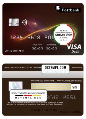 editable template, Bulgaria Post Bank visa credit card template in PSD format, fully editable
