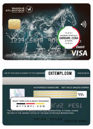 editable template, Burkina Faso Atlantique bank visa credit card template in PSD format