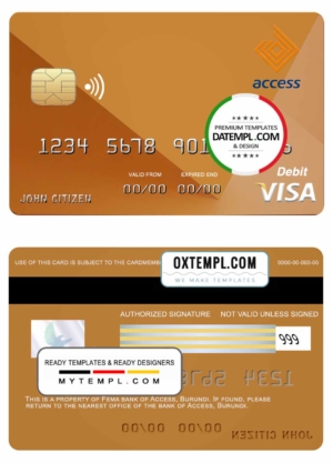 editable template, Burundi Access bank visa credit card template in PSD format, fully editable