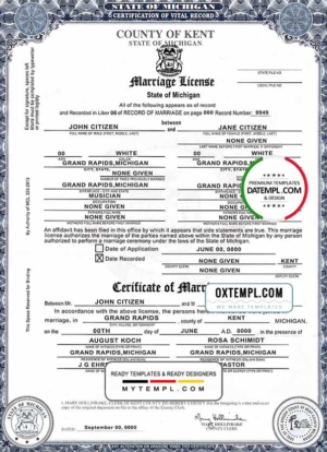 editable template, USA state Michigan Kent County marriage certificate template in PSD format, fully editable