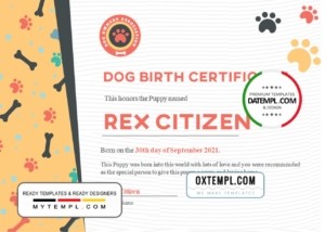 editable template, USA Dog Birth certificate template in Word and PDF format