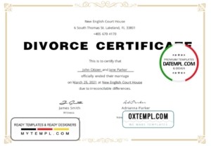 editable template, USA Divorce certificate template in Word and PDF format