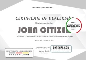 editable template, USA Dealership Completion certificate template in Word and PDF format