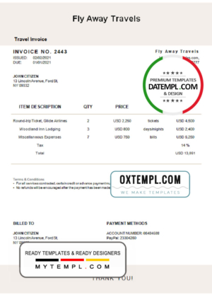 editable template, USA Fly Away Travels invoice template in Word and PDF format, fully editable