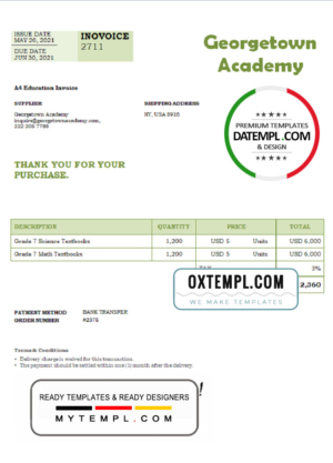 editable template, USA Georgetown Academy invoice template in Word and PDF format, fully editable