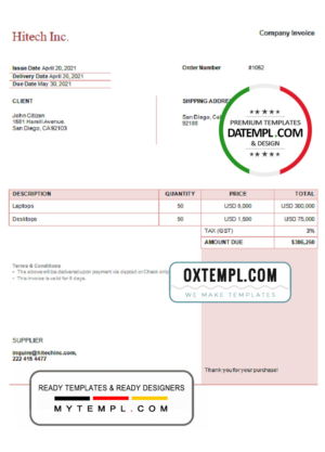 editable template, USA Hitech Inc. invoice template in Word and PDF format, fully editable