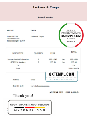 editable template, USA Jackson & Coupe invoice template in Word and PDF format, fully editable