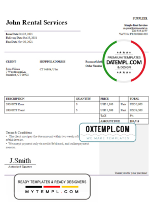 editable template, USA John Rental Services invoice template in Word and PDF format, fully editable