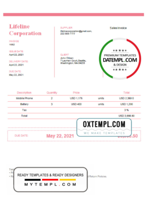editable template, USA Lifeline Corporation invoice template in Word and PDF format, fully editable, version 2