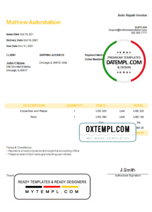 editable template, USA Mathew Autostation invoice template in Word and PDF format, fully editable