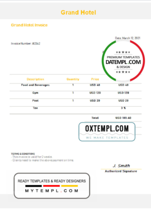 editable template, USA Grand Hotel invoice template in Word and PDF format, fully editable