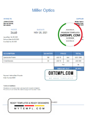editable template, USA Miller Optics invoice template in Word and PDF format, fully editable