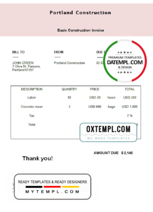 editable template, USA Portland Construction invoice template in Word and PDF format, fully editable