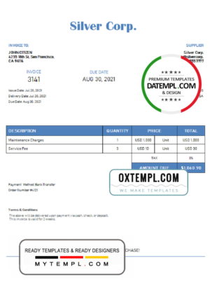editable template, USA Silver Corp. invoice template in Word and PDF format, fully editable