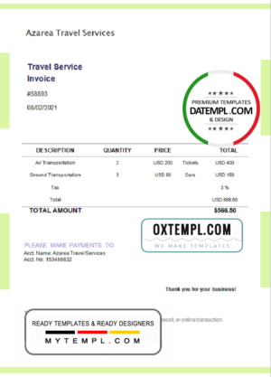 editable template, USA Azarea Travel Services invoice template in Word and PDF format, fully editable