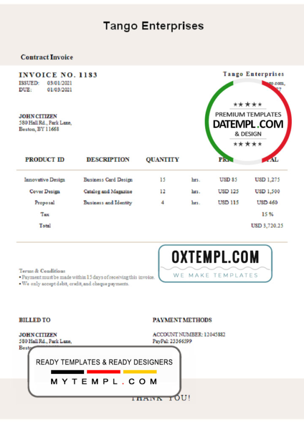 editable template, USA Tango Enterprises invoice template in Word and PDF format, fully editable