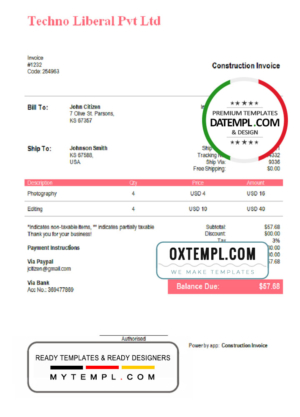 editable template, USA Techno Liberal Pvt Ltd invoice template in Word and PDF format, fully editable