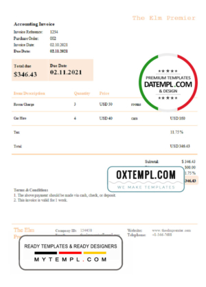 editable template, USA The Elm Premier invoice template in Word and PDF format, fully editable