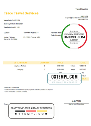 editable template, USA Trace Travel Services invoice template in Word and PDF format, fully editable