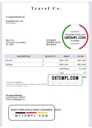 editable template, USA Travel Co. invoice template in Word and PDF format, fully editable