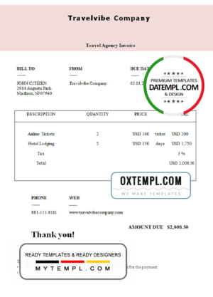 editable template, USA Travelvibe Company invoice template in Word and PDF format, fully editable
