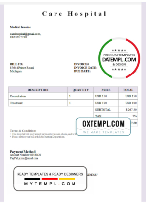 editable template, USA Care Hospital invoice template in Word and PDF format, fully editable