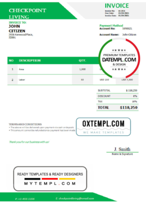 editable template, USA Checkpoint Living invoice template in Word and PDF format, fully editable