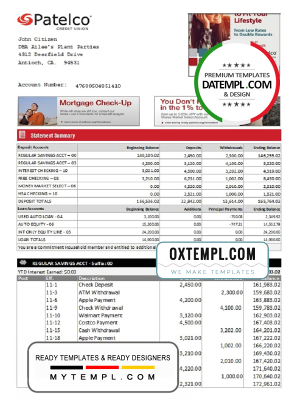 editable template, USA California Patelco Credit Union bank statement template in Excel and PDF format