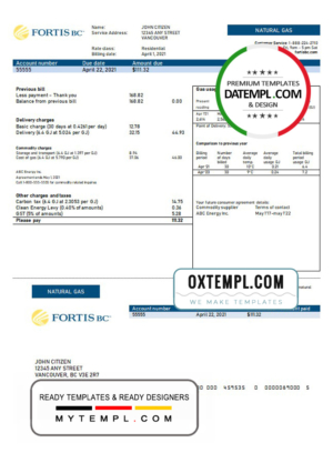 editable template, Canada British Columbia FortisBC utility bill template in Word and PDF format