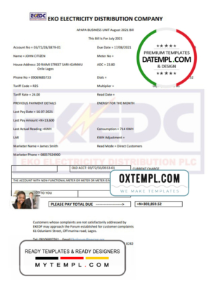 editable template, Nigeria Eko Electricity Distribution Company (EKEDC) utility bill template in Word and PDF format