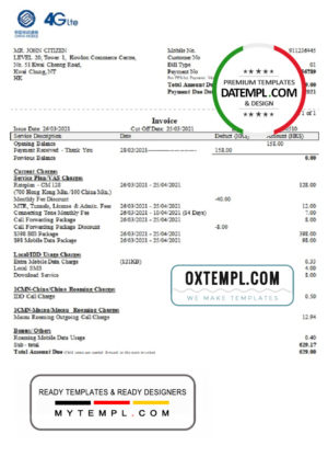 editable template, China Mobile Limited payment invoice template in .doc and .pdf format, fully editable