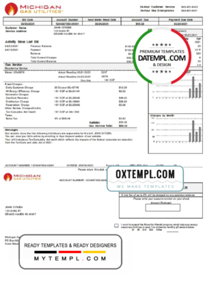 editable template, USA Michigan Gas Utilities utility bill template in Word and PDF format