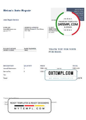editable template, USA Brian's Auto Repair invoice template in Word and PDF format, fully editable