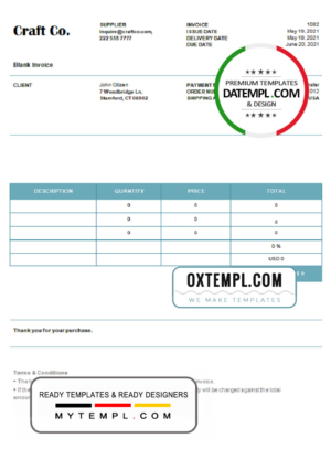 editable template, USA Craft Co. invoice template in Word and PDF format, fully editable