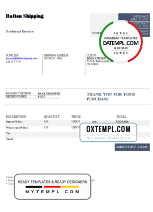 editable template, USA Dalton Shipping invoice template in Word and PDF format, fully editable