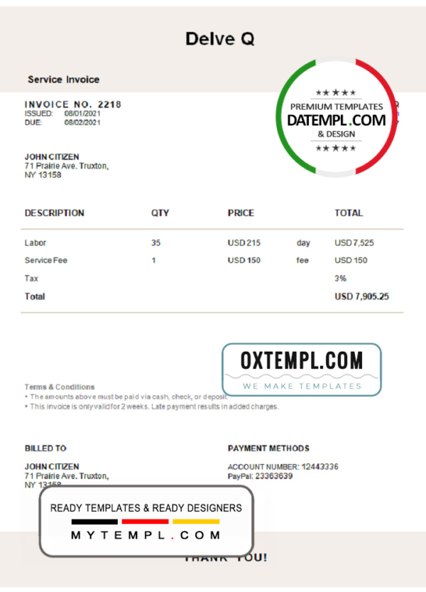 editable template, USA Delve Q invoice template in Word and PDF format, fully editable