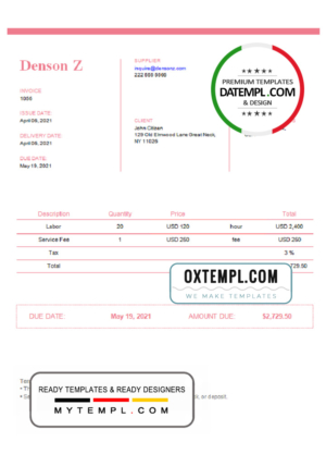 editable template, USA Denson Z invoice template in Word and PDF format, fully editable