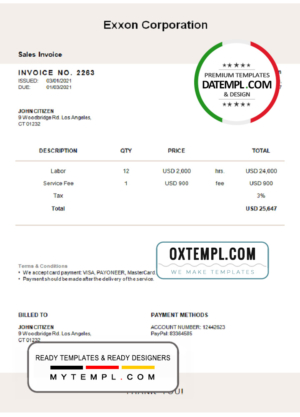 editable template, USA Exxon Corporation invoice template in Word and PDF format, fully editable