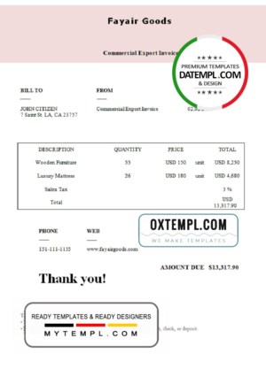 editable template, USA Fayair Goods invoice template in Word and PDF format, fully editable