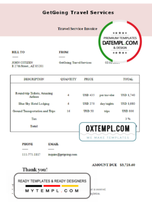 editable template, USA GetGoing Travel Services invoice template in Word and PDF format, fully editable