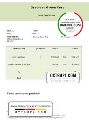 editable template, USA Gracious Green Corp invoice template in Word and PDF format, fully editable