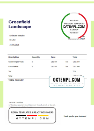 editable template, USA Greenfield Landscape invoice template in Word and PDF format, fully editable