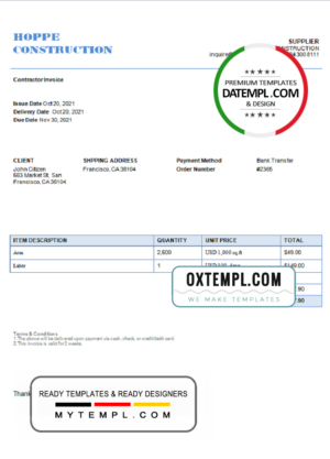 editable template, USA Hope Construction invoice template in Word and PDF format, fully editable