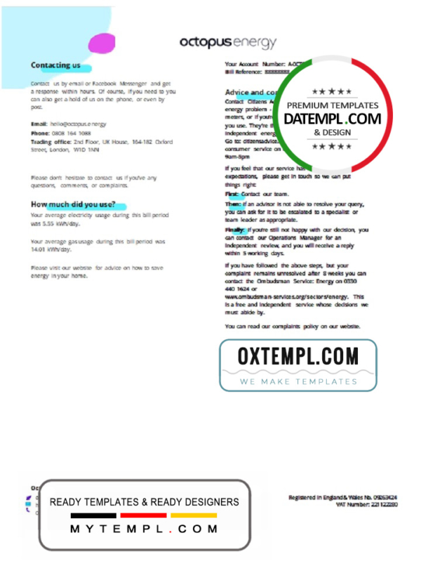 editable template, United Kingdom Octopus Energy utility bill template in Word and PDF format, 3 pages
