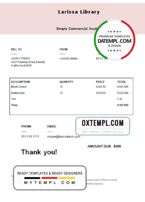 editable template, USA Larissa Library invoice template in Word and PDF format, fully editable